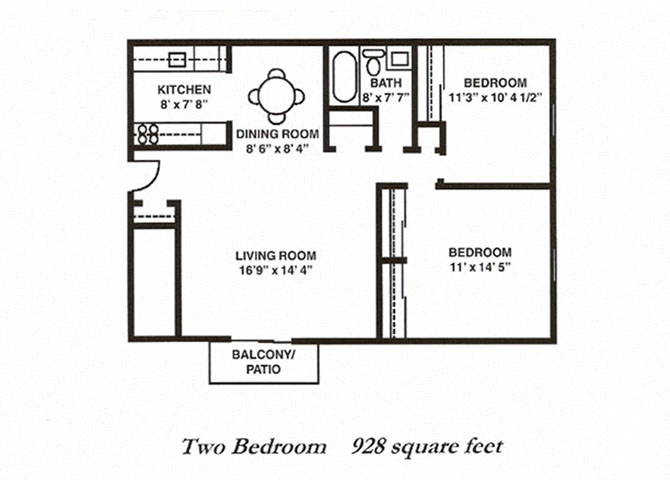 Floor plan for 2 beds, 1 bath, 928 sqft